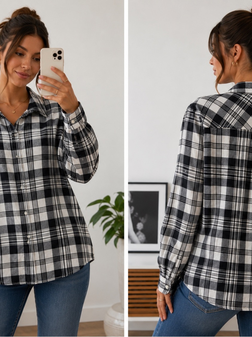 Talbots Black and White Plaid Button-Down Shirt
